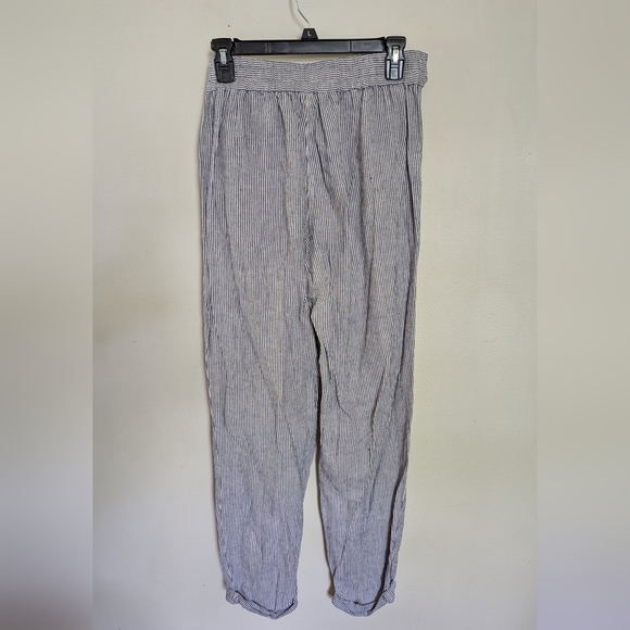 Max Studio Blue + White Striped Linen-Blend Pants Cuffed Belted Women's Size S - Picture 2 of 5